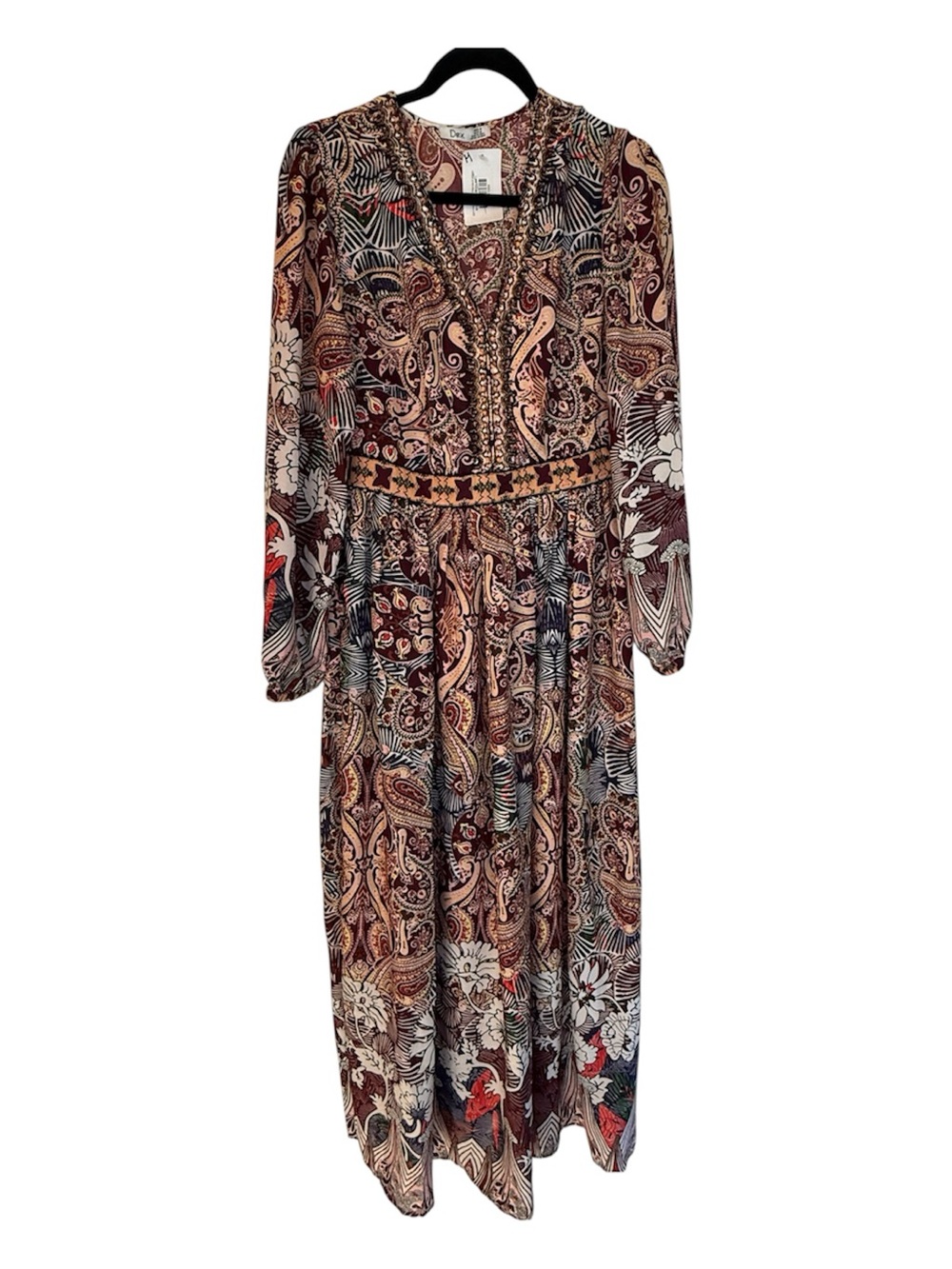 Dex Long Sleeve Paisley Floral Maxi Dress in Burgundy and Cream